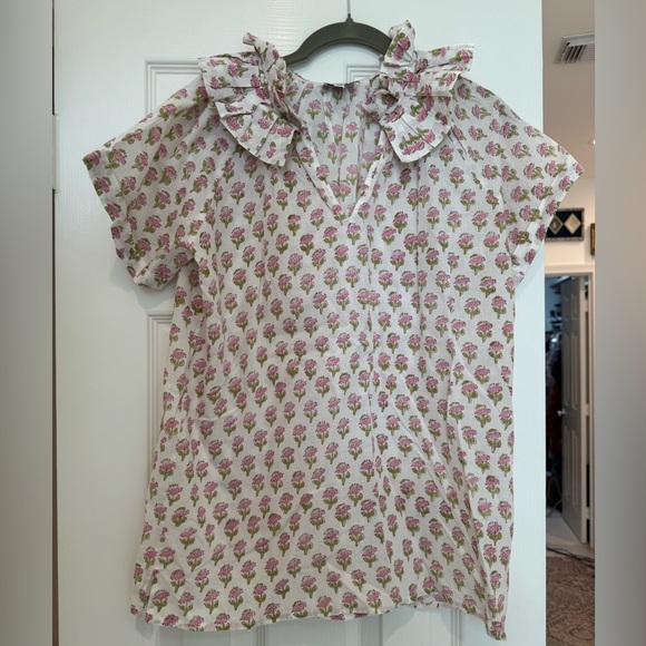 K1. Saule Parc Block Print Pink Ruffle Collar Floral Cotton Top - Picture 2 of 7